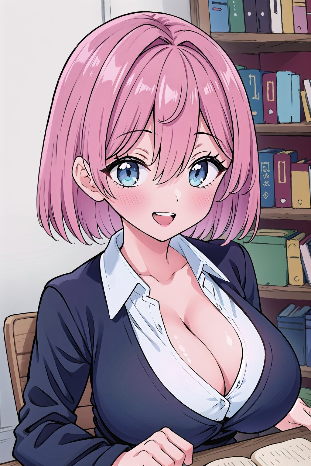 (Masterpiece), upper body, 1girl, solo, looking at viewer, short hair, ((((pink hair)))), bangs, hair between eyes, blue eyes, blush, smile, teeth, open mouth, collarbone, gigantic breasts, cleavage, shirt, collared shirt, long sleeves, white shirt, dress shirt, :d, indoors, bookshelf,Ririsa Amano,poakl