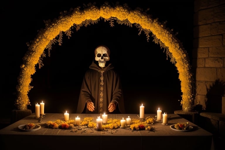 The scene depicts a Day of the Dead offering in all its glory. In the center of a table adorned with a white tablecloth, there is a large sugar skull, intricately carved and decorated with vibrant colors. Behind the skull rises an arch of marigold flowers, their bright orange blossoms forming a rainbow of colors.

On the table, numerous traditional Mexican dishes are displayed, such as tamales, pan de muerto (bread of the dead), and sugar skull candies. Candles of various sizes illuminate the scene, casting a soft, warm light on the elements of the offering. Marigold petals cascade from the arch, creating a magical effect as they float through the air.

In the background of the scene, a person dressed in a black robe and a skull mask gazes reverently at the offering. The skull mask is adorned with intricate details, and its hollow eyes seem to peer into the beyond. The figure holds a lit candle in their hands and appears to be in deep meditation and respect for the loved ones being remembered in this celebration.

This scene captures the beauty and spirituality of the Day of the Dead, with the bright colors of the marigold flowers contrasting with the solemnity of the masked figure.