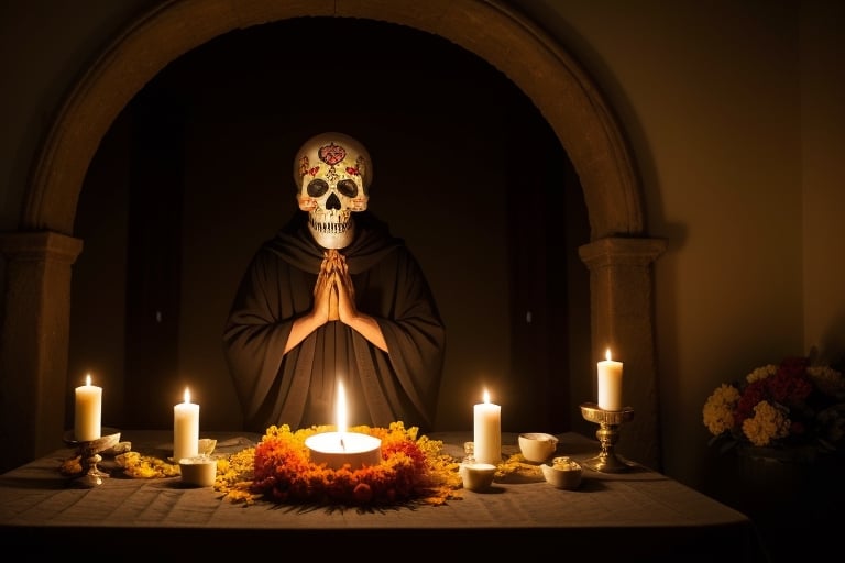 The scene depicts a Day of the Dead offering in all its glory. In the center of a table adorned with a white tablecloth, there is a large sugar skull, intricately carved and decorated with vibrant colors. Behind the skull rises an arch of marigold flowers, their bright orange blossoms forming a rainbow of colors.

On the table, numerous traditional Mexican dishes are displayed, such as tamales, pan de muerto (bread of the dead), and sugar skull candies. Candles of various sizes illuminate the scene, casting a soft, warm light on the elements of the offering. Marigold petals cascade from the arch, creating a magical effect as they float through the air.

In the background of the scene, a person dressed in a black robe and a skull mask gazes reverently at the offering. The skull mask is adorned with intricate details, and its hollow eyes seem to peer into the beyond. The figure holds a lit candle in their hands and appears to be in deep meditation and respect for the loved ones being remembered in this celebration.

This scene captures the beauty and spirituality of the Day of the Dead, with the bright colors of the marigold flowers contrasting with the solemnity of the masked figure.