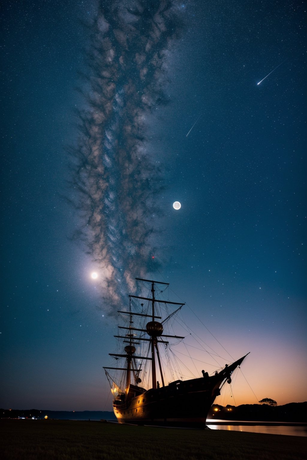 Pirate ship flying through the clouds in the night sky. Moon creating a glow. The Milky Way making its presence.