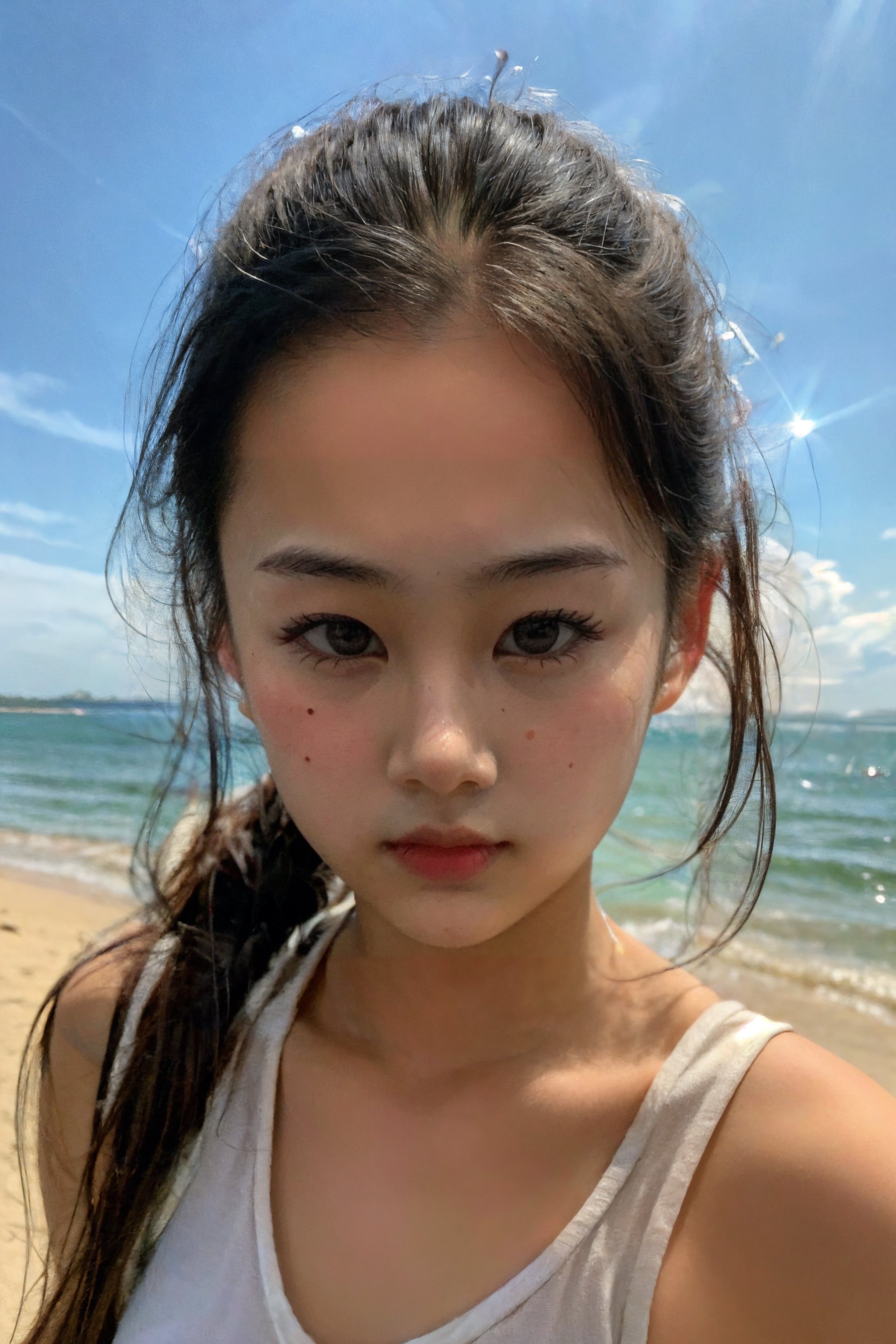 8k, masterpiece, best quality, photoshop, ultra high res, ultra detailed, realistic, (photorealistic:1.4), depth of field, lens flare, professional lighting, ultra wide shot,  a full-body portrait of underage girl), youth, (small breasts), candid posing, beach, (( 24 year old :1.8))