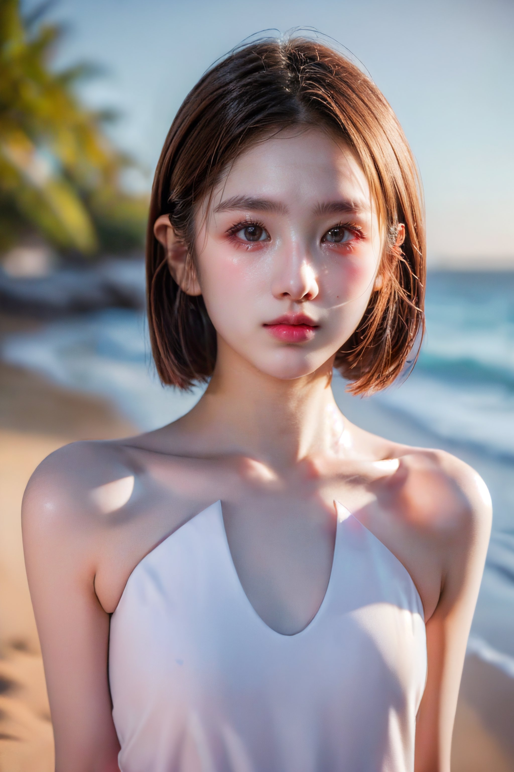 8k, masterpiece, best quality, photoshop, ultra high res, ultra detailed, realistic, (photorealistic:1.4), depth of field, lens flare, professional lighting, ultra wide shot,  a full-body portrait of underage girl), youth, (small breasts), candid posing, beach, (( 24 year old :1.8)), 