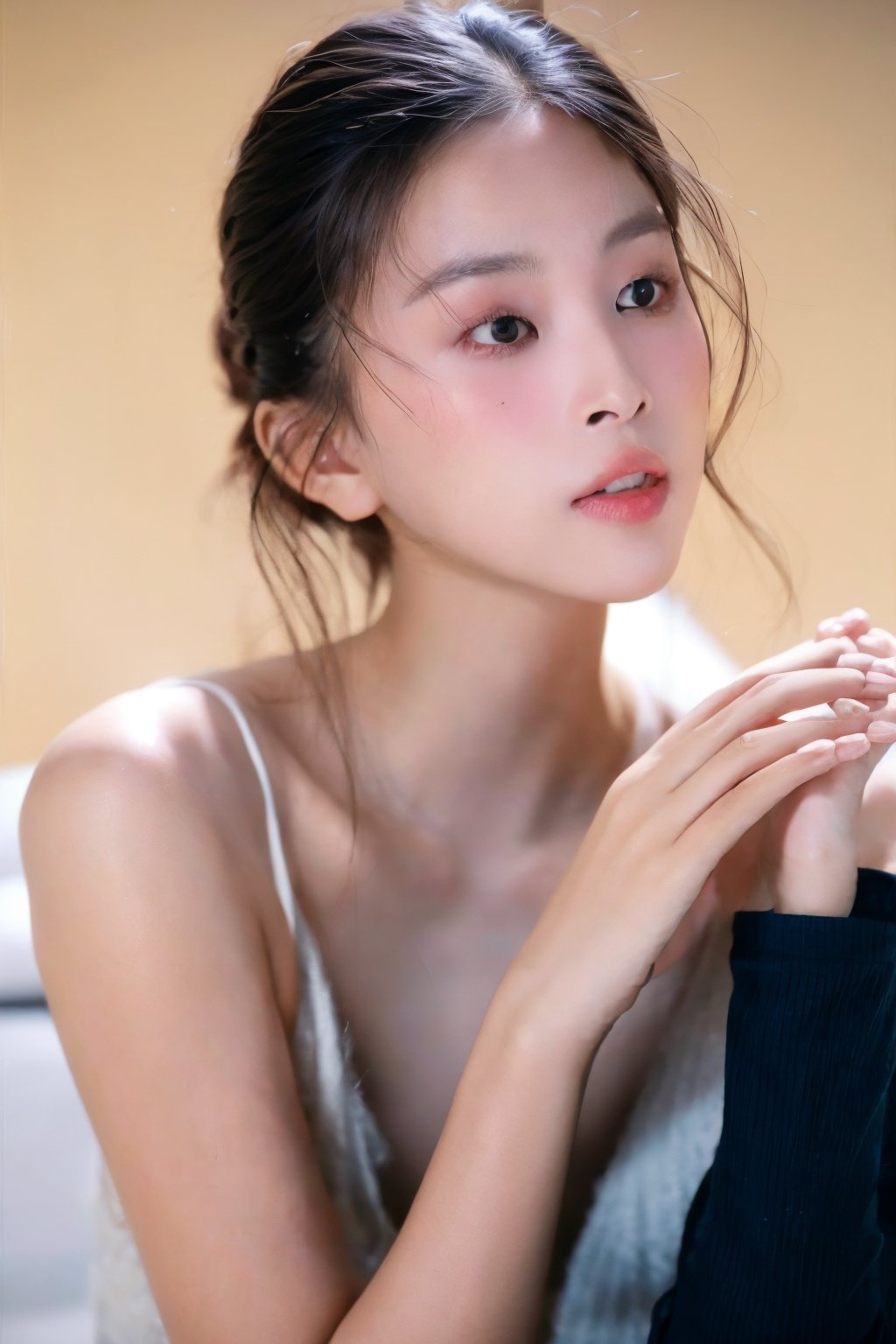 (Realistic, RAW photo), an upper body portrait photo of (busty) girl, natural skin, 8k uhd, high quality, film grain, (Fujifilm XT3), JeeSoo ,dream_girl,  dynamic expression, dark theme casual clothes, bare shoulders 