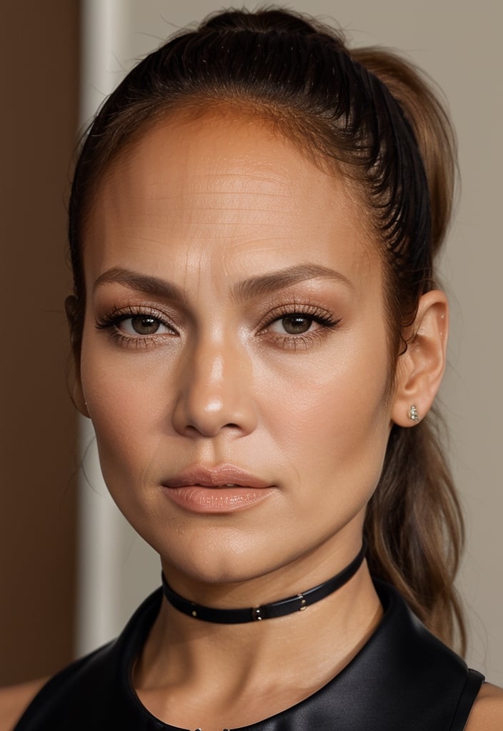 (NSFW) professional photography, passport photo, Jennifer Lopez 53 years old , black collar, ponytail, perfect eyes, look at viewer, photo only face,