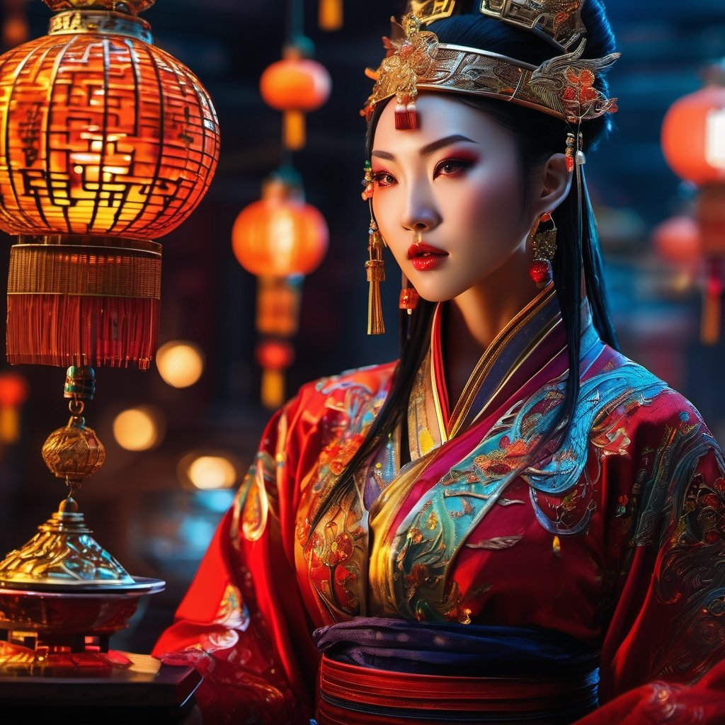 Chinese style, Sorceress, close-up, in focus, best quality, insane detailed, complex composition, intense colors, science fiction, filigran, transparency, glass, dynamic lighting