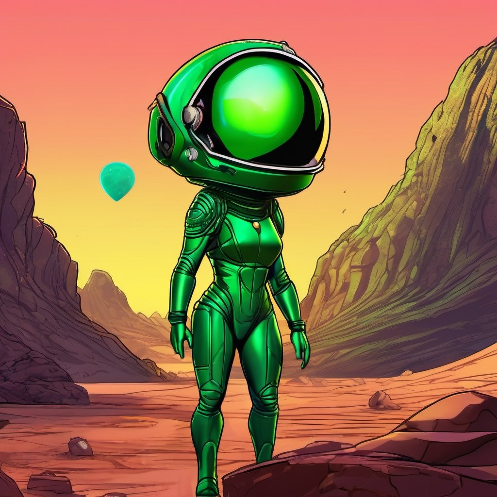 little green female from mars, comic style, funny, aliens, verry detailed, best quality, exotic, Science Fiction, 8k, vibrant colors