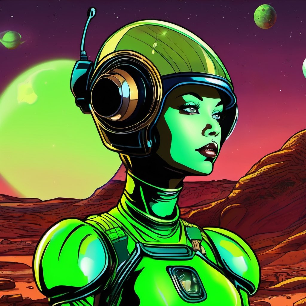 little green female from mars, comic style, funny, aliens, verry detailed, best quality, exotic, Science Fiction, 8k, vibrant colors