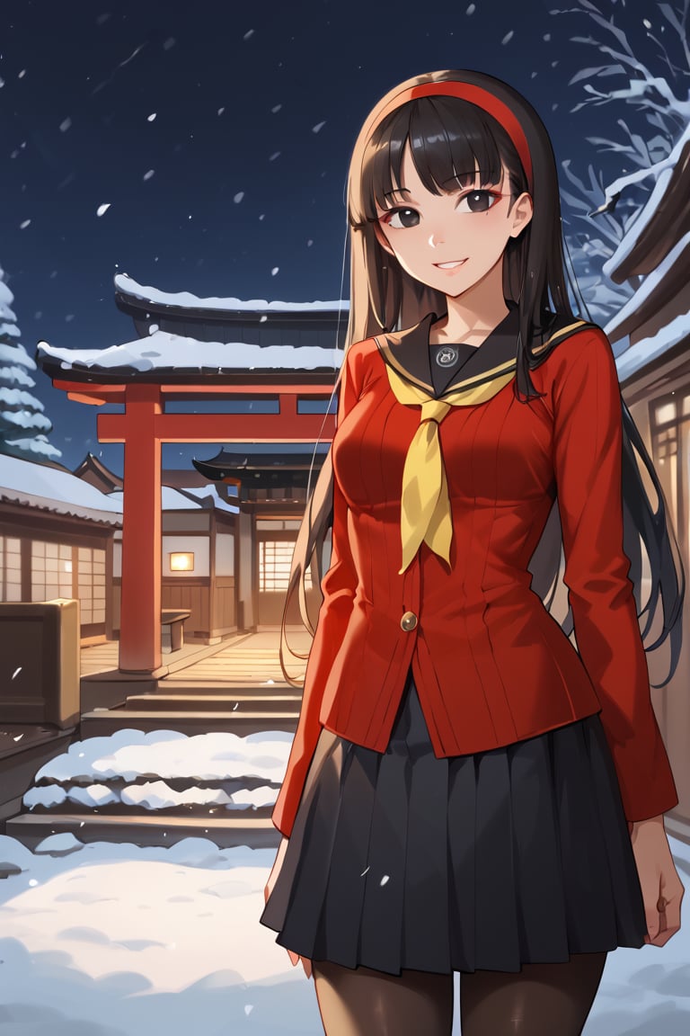 Smile, snowing,(score_9, score_8_up, score_7_up),masterpiece, high-quality,perfect anatomy, expressive eyes, perfect face,((background is japanese shrine at night)) ,yukikodef, black long hair, black eyes, red hairband, school uniform, red sweater, red cardigan, black sailor collar, yellow neckerchief, long sleeves, black skirt, black pantyhose