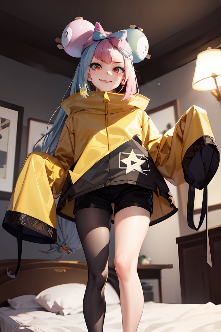 Standing, fang,smile,((highly detailed)),((perfect anatomy)),masterpiece,scenery,intricately detailed, hyperdetailed, blurry background, depth of field, best quality, intricate details,  tonemapping, sharp focus, hyper detailed, high 1res, ((at night)),((in bed room)),iono1,long hair, yellow jacket, long sleeves, hair ornament,short pants, from below 