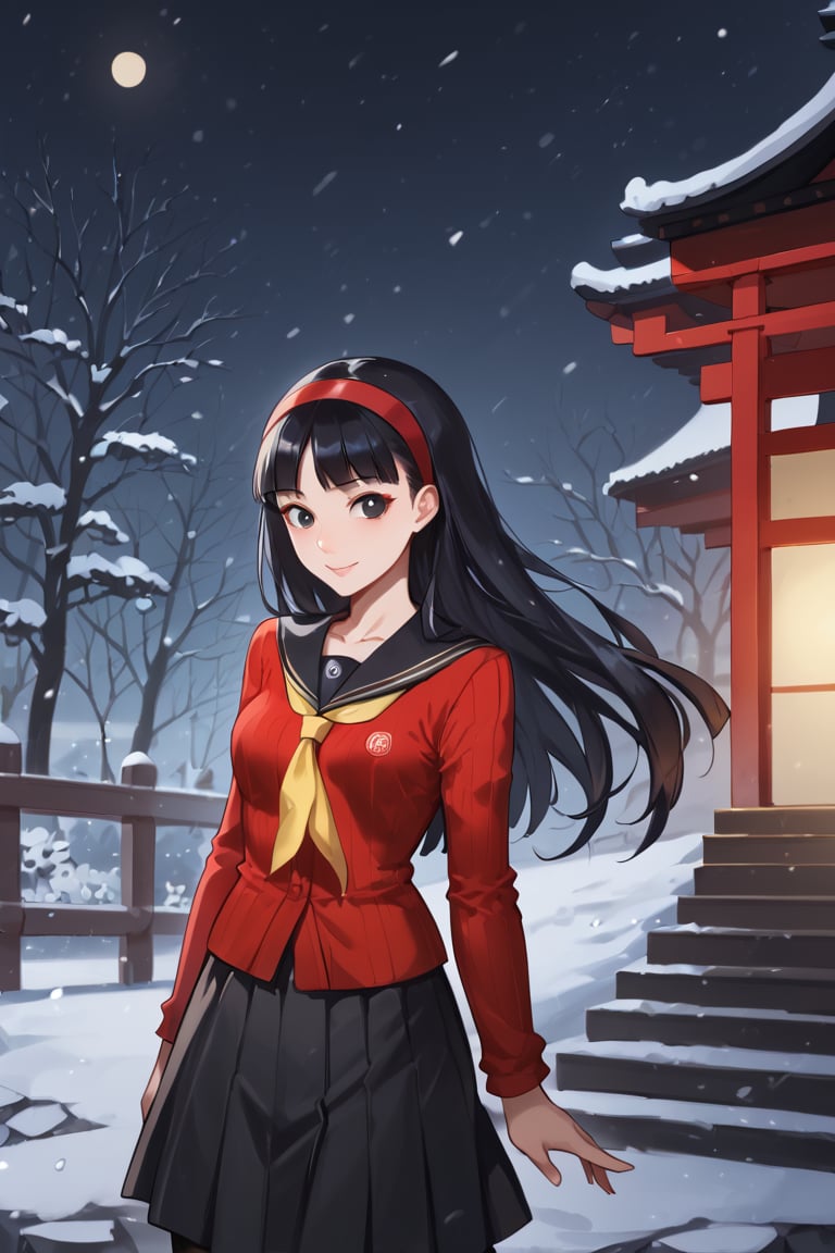 Smile, snowing,(score_9, score_8_up, score_7_up),masterpiece, high-quality,perfect anatomy, expressive eyes, perfect face,((background is japanese shrine at night)) ,yukikodef, black long hair, black eyes, red hairband, school uniform, red sweater, red cardigan, black sailor collar, yellow neckerchief, long sleeves, black skirt, black pantyhose