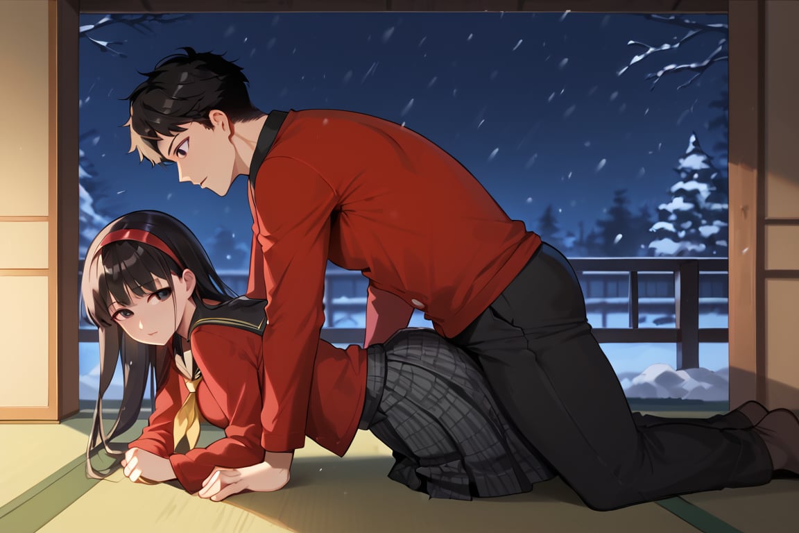 Man grab hip,man behind woman, All fours on tatami, blush, snowing,(score_9, score_8_up, score_7_up),masterpiece, high-quality,perfect anatomy, expressive eyes, perfect face,((background is japanese bedroom at night)) ,yukikodef, black long hair, black eyes, red hairband, school uniform, red sweater, red cardigan, black sailor collar, yellow neckerchief, long sleeves, skirt, black pantyhose,from side,spoken exclamation mark