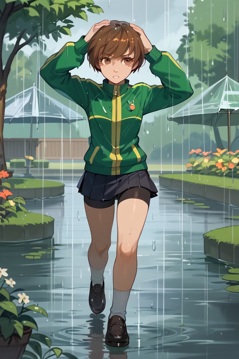 ((Rainy days)),hands on head,running away, soaked with rain,(score_9, score_8_up, score_7_up),perfect anatomy, expressive eyes, perfect face,,((in school garden at sunset)),chiedef, brown hair, short hair, brown eyes,green track jacket, badges, skirt, houndstooth, bike shorts, white socks,