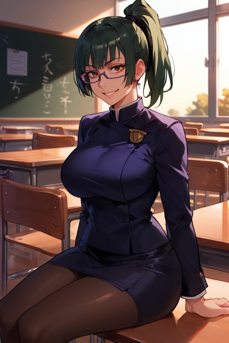 Sitting on table,bitter smile,large breasts,(score_9, score_8_up, score_7_up),perfect anatomy, expressive eyes, perfect face,((in school classroom at sunset)) ,MakizeninSDXL, exp, green hair, ponytail, long hair, brown eyes, purple glasses, jujutsu uniform, short skirt,pantyhose