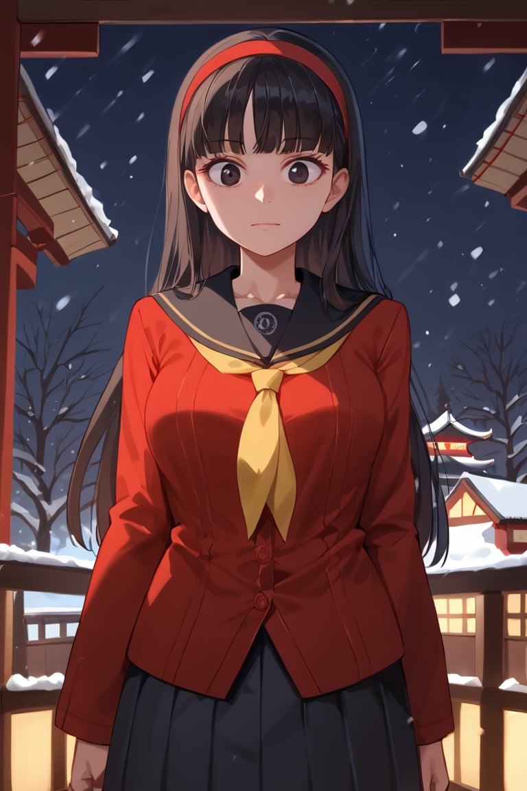 Surprised eyes, closed mouth, snowing,(score_9, score_8_up, score_7_up),masterpiece, high-quality,perfect anatomy, expressive eyes, perfect face,((background is japanese shrine at night)) ,yukikodef, black long hair, black eyes, red hairband, school uniform, red sweater, red cardigan, black sailor collar, yellow neckerchief, long sleeves, face close-up, 