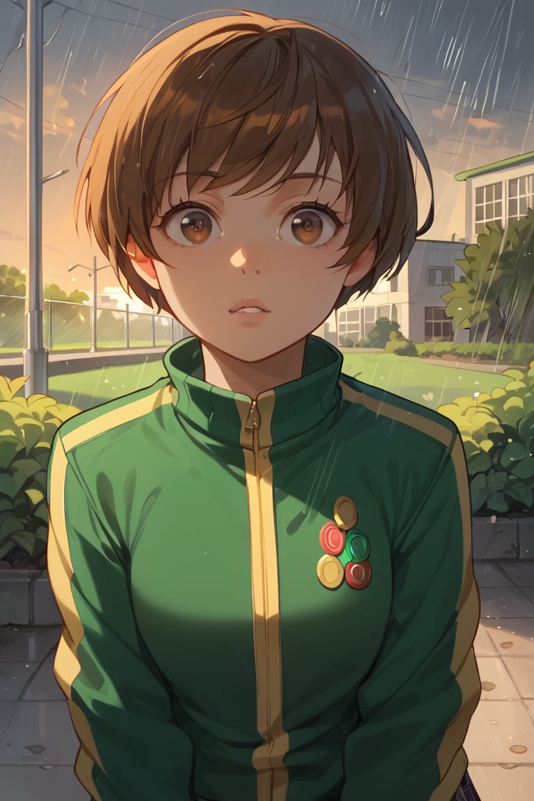 ((Rainy days)),((STANDING_SPLIT)),((looking up)),notice something face ,(score_9, score_8_up, score_7_up),perfect anatomy, expressive eyes, perfect face,,((in school garden at sunset)),chiedef, brown hair, short hair, brown eyes,green track jacket, badges, skirt, houndstooth, bike shorts, white socks,