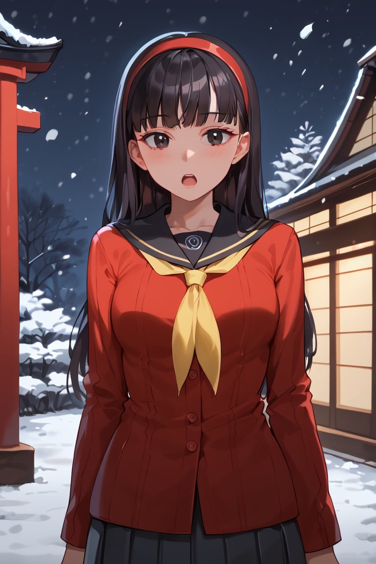 Exstasy face, blush, open mouth, smog, snowing,(score_9, score_8_up, score_7_up),masterpiece, high-quality,perfect anatomy, expressive eyes, perfect face,((background is japanese shrine at night)) ,yukikodef, black long hair, black eyes, red hairband, school uniform, red sweater, red cardigan, black sailor collar, yellow neckerchief, long sleeves, face close-up, 