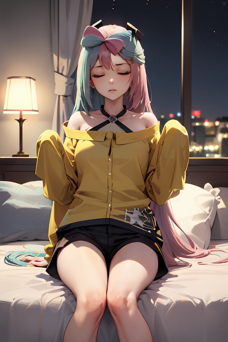 Luffing, closed eyes, ((highly detailed)),((perfect anatomy)),masterpiece,scenery,intricately detailed, hyperdetailed, blurry background, depth of field, best quality, intricate details,  tonemapping, sharp focus, hyper detailed, high 1res, ((at night)),((in bed room)),iono1,long hair, yellow jacket, long sleeves, hair ornament,short pants,