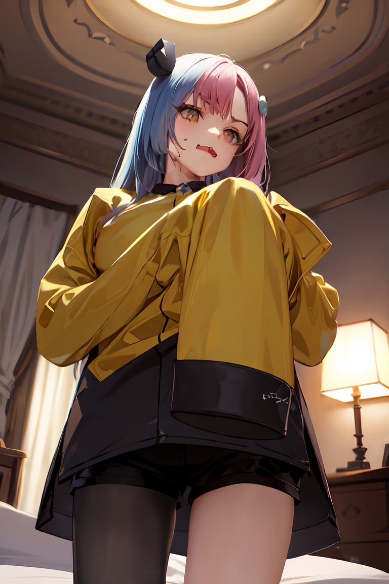 Standing, fang,((highly detailed)),((perfect anatomy)),masterpiece,scenery,intricately detailed, hyperdetailed, blurry background, depth of field, best quality, intricate details,  tonemapping, sharp focus, hyper detailed, high 1res, ((at night)),((in bed room)),iono1,long hair, yellow jacket, long sleeves, hair ornament,short pants, from below 