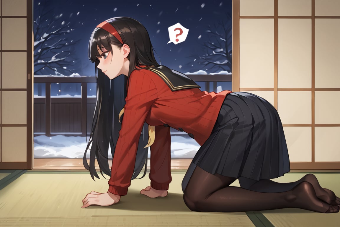 All fours on tatami, blush, smog, snowing,(score_9, score_8_up, score_7_up),masterpiece, high-quality,perfect anatomy, expressive eyes, perfect face,((background is japanese bedroom at night)) ,yukikodef, black long hair, black eyes, red hairband, school uniform, red sweater, red cardigan, black sailor collar, yellow neckerchief, long sleeves, skirt, black pantyhose,from side,spoken question mark