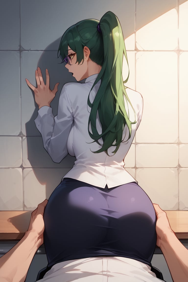 Man grab neck,Pov against the wall,no sex , standing doggy,((Hands wall)),surprised eyes,back shot, ,large breasts,(score_9, score_8_up, score_7_up),perfect anatomy, expressive eyes, perfect face,((in school classroom at sunset)) ,MakizeninSDXL, exp, green hair, ponytail, long hair, brown eyes, purple glasses, jujutsu uniform, short skirt,pantyhose, from behind 