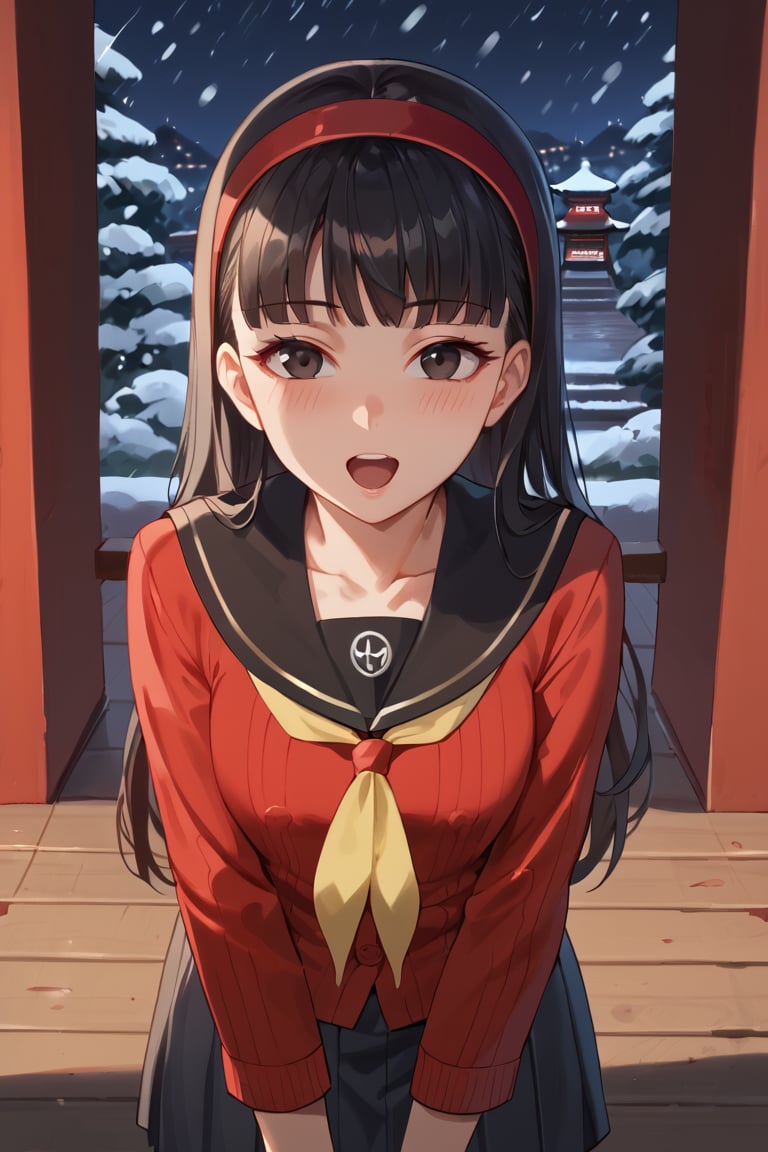 Exstasy face, blush, open mouth, smog, snowing,(score_9, score_8_up, score_7_up),masterpiece, high-quality,perfect anatomy, expressive eyes, perfect face,((background is japanese shrine at night)) ,yukikodef, black long hair, black eyes, red hairband, school uniform, red sweater, red cardigan, black sailor collar, yellow neckerchief, long sleeves, face close-up, Forcas face, From above 