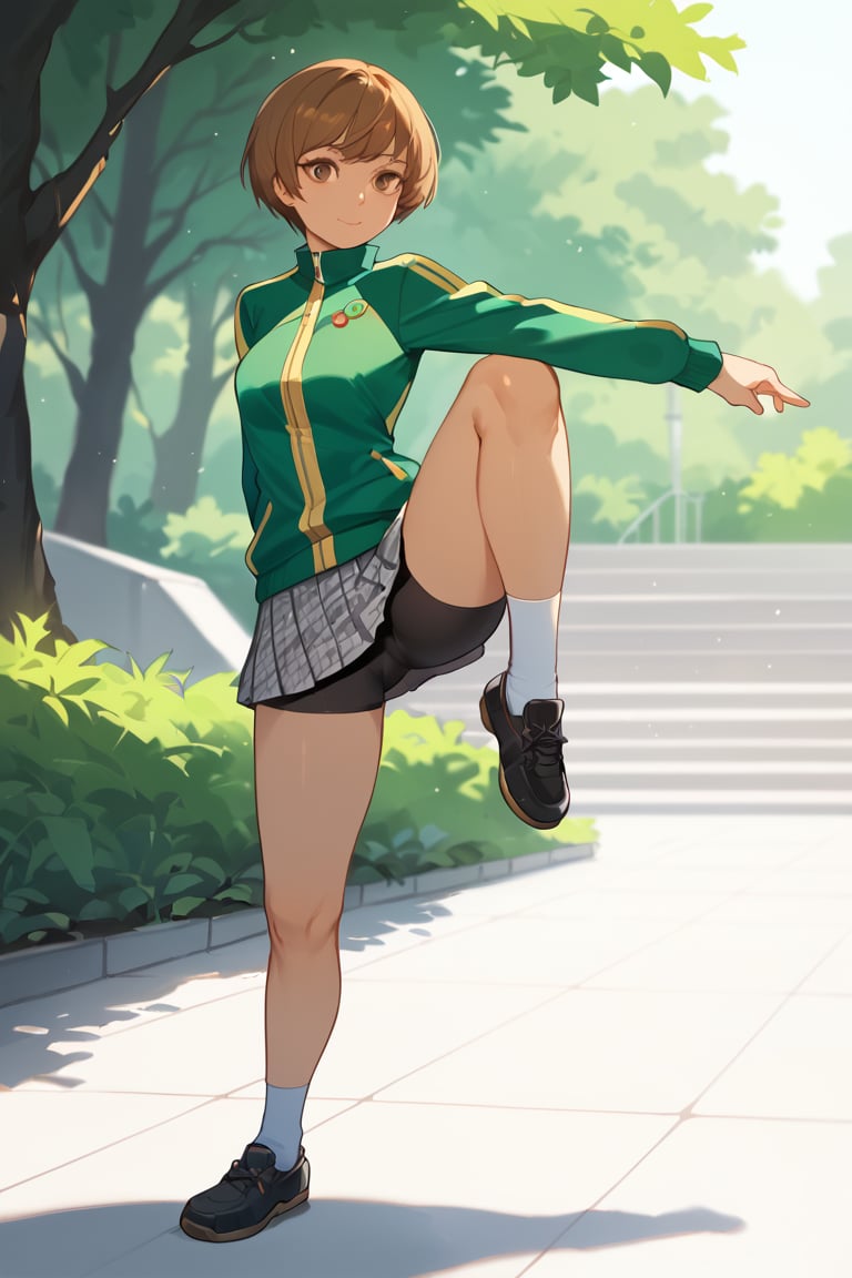 ((STANDING_SPLIT,High Leg Raise,Hands on Legs)),(score_9, score_8_up, score_7_up),perfect anatomy, expressive eyes, perfect face,,((in school garden at sunset)),chiedef, brown hair, short hair, brown eyes, track jacket, badges, skirt, houndstooth, bike shorts, white socks,