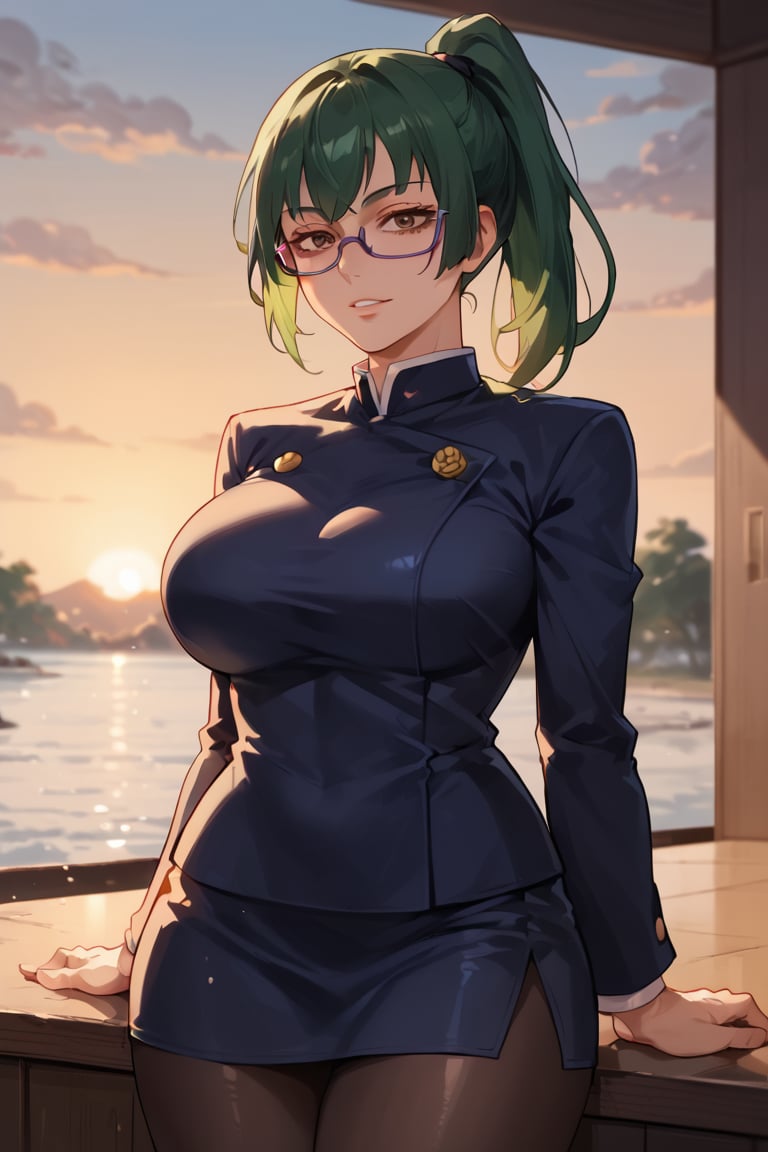 Standing,grinning,large breasts,(score_9, score_8_up, score_7_up),perfect anatomy, expressive eyes, perfect face,((in school entrance at sunset)) ,MakizeninSDXL, exp, green hair, ponytail, long hair, brown eyes, purple glasses, jujutsu uniform, short skirt,pantyhose