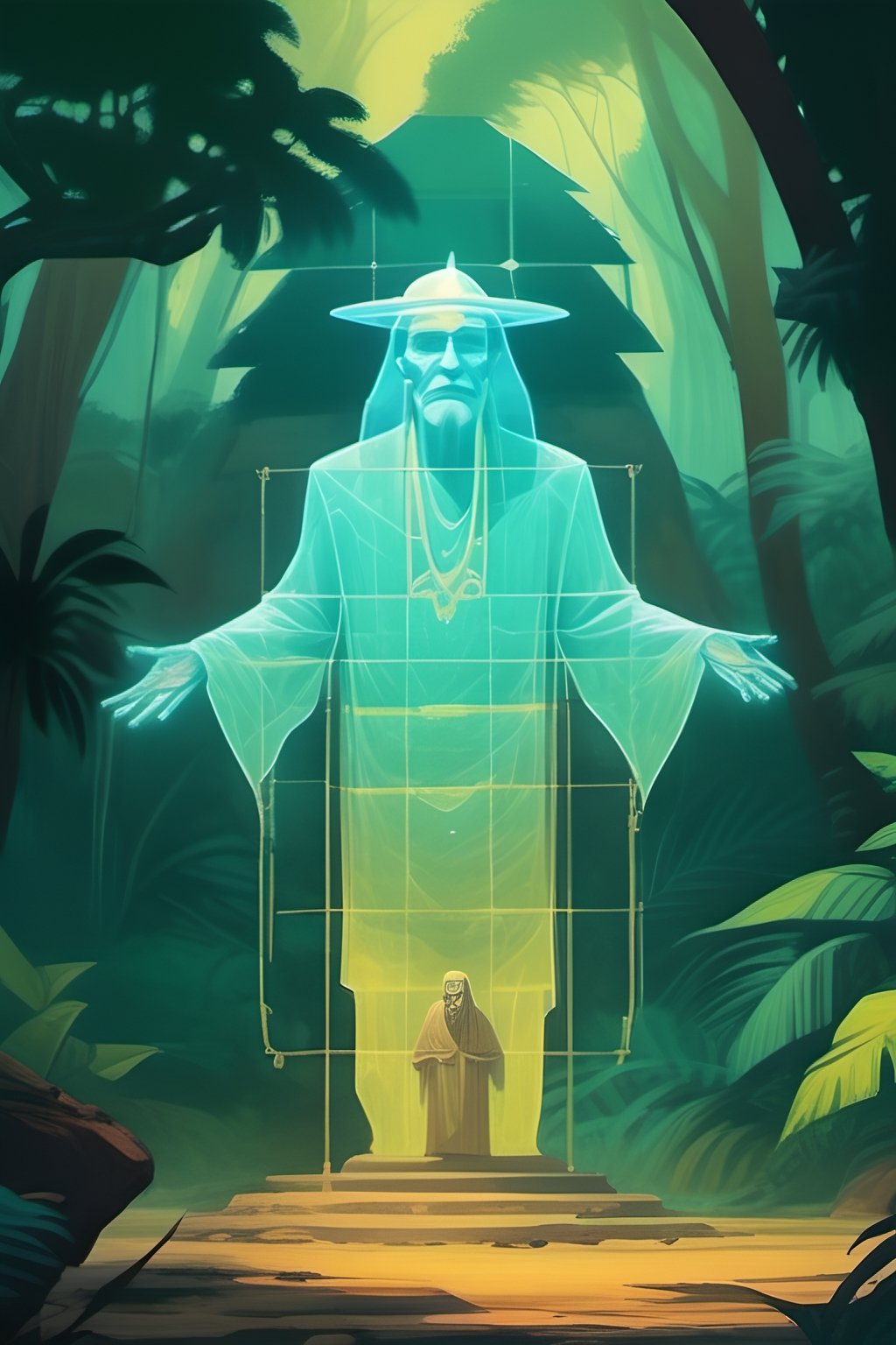 A long shot photo of a translucent flying spiritual hologram of old wise tayrona man, ancient shrine in the jungle, cel shading, low poly, videogame character, flat shading, painted by moebius