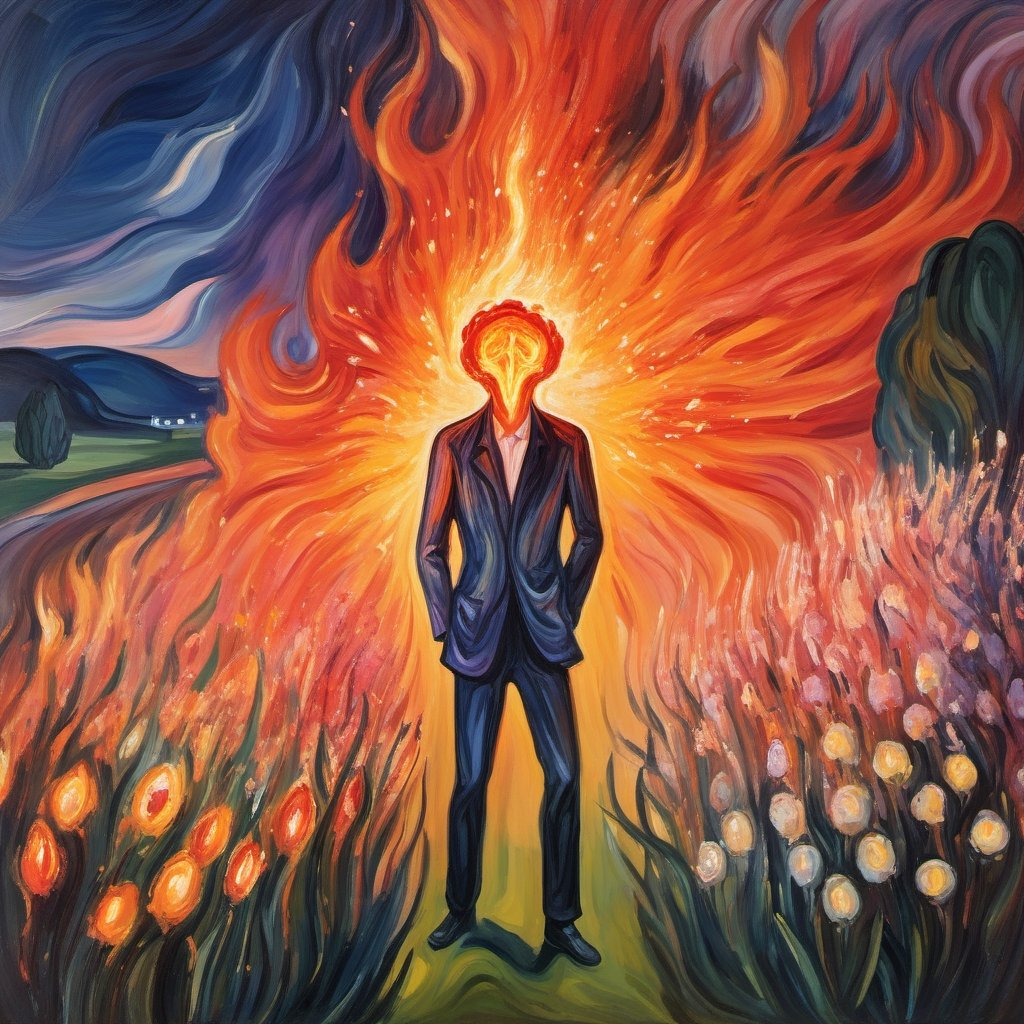 (exquisite illustration:1.4), (masutepiece:1.0), (Best quality:1.4), (超High resolution:1.2), dark vibes, ((a painting of a lonely man standing in a beautiful flowers garden at night but his head burning with big fire like explosion until he lost his face, only burning fire like surreal)), oil painting, blurry, oil shade, style of Edvard Munch,abstract paintings,ColorART