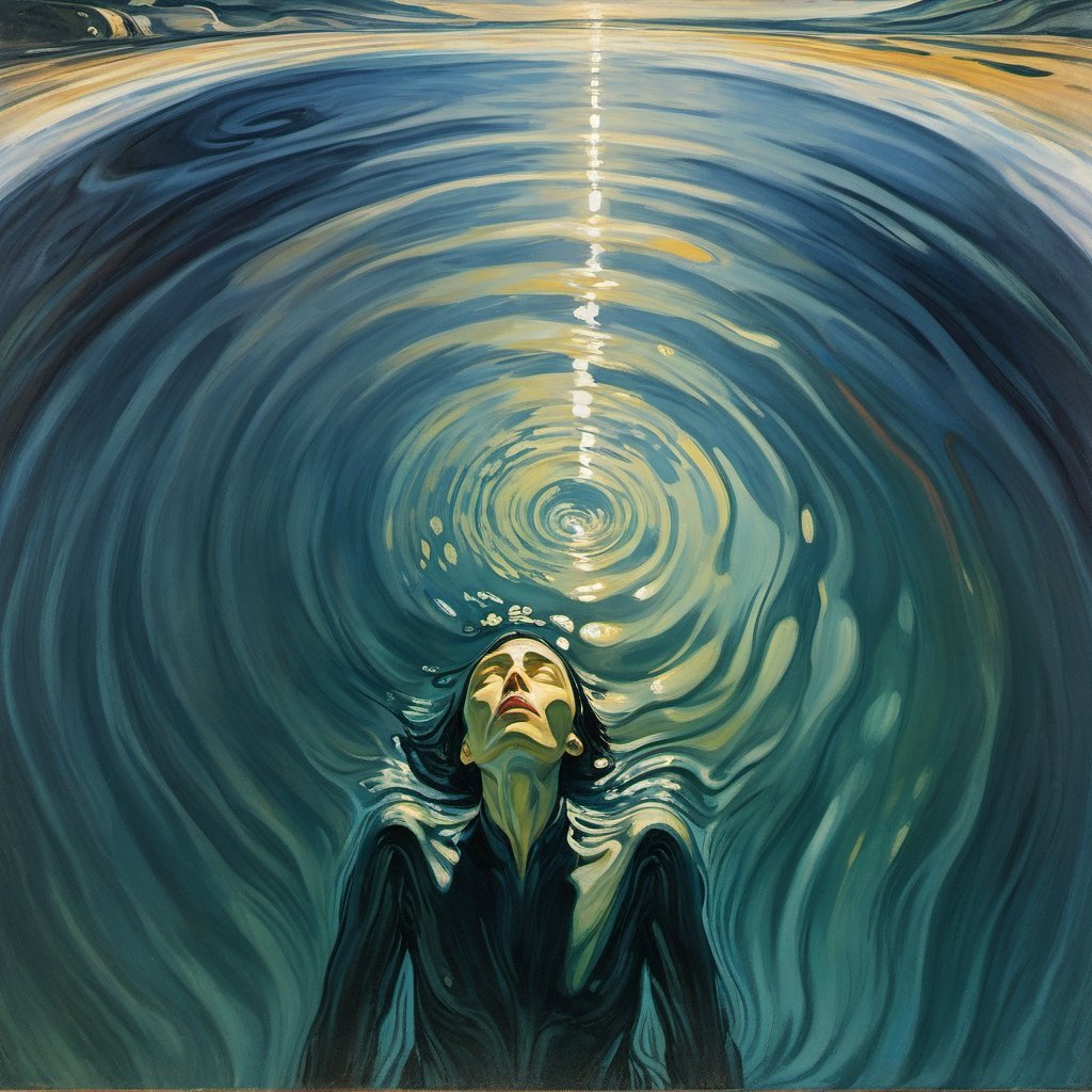 (exquisite illustration:1.4), (masutepiece:1.0), (Best quality:1.4), (超High resolution:1.2), dark vibes, ((a painting of a figure lies in a shallow pool of water, looking up at the sky. The water casts rippling shadows over their face, creating an illusion of depth and movement.)), oil painting, blurry, oil shade, style of Edvard Munch,abstract paintings,ColorART