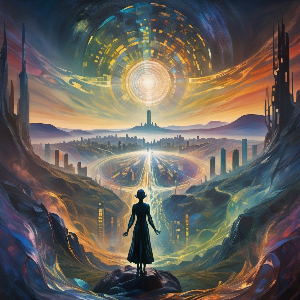 (exquisite illustration:1.4), (masutepiece:1.0), (Best quality:1.4), (超High resolution:1.2), dark vibes, ((a painting of a shadow figure stands in the center, with multiple translucent arms reaching out in different directions. Behind them, a kaleidoscope of fragmented landscapes - part cityscape, part wilderness, all in muted, dreamlike colors.)), oil painting, blurry, oil shade, style of Edvard Munch,Renaissance Sci-Fi Fantasy,ColorART