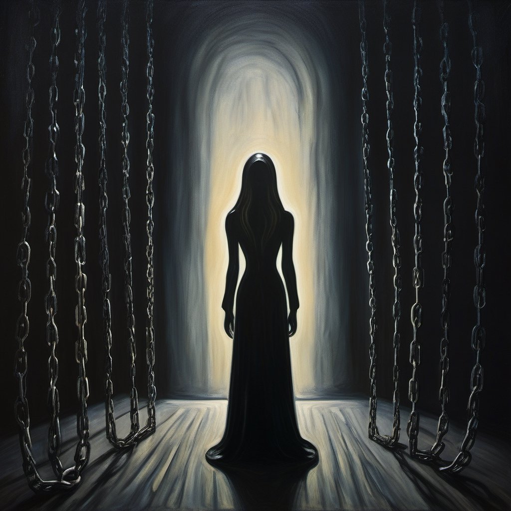 (exquisite illustration:1.4), (masutepiece:1.0), (Best quality:1.4), (超High resolution:1.2), dark vibes, ((a painting of a shadow figure stands with its back to the viewer, looking at a wall where numerous shadowy chains stretch out, each linked to a different image or symbol representing past events. The overall ambiance is somber, with a monochromatic color scheme.)), oil painting, blurry, oil shade, style of Edvard Munch,Renaissance Sci-Fi Fantasy,darkart