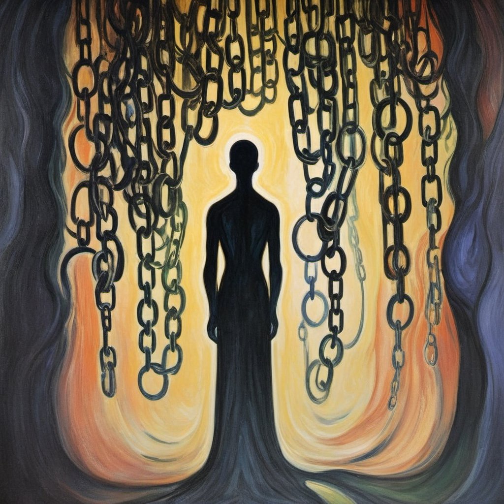 (exquisite illustration:1.4), (masutepiece:1.0), (Best quality:1.4), (超High resolution:1.2), dark vibes, ((a painting of a shadow figure stands with its back to the viewer, looking at a wall where numerous shadowy chains stretch out, each linked to a different image or symbol representing past events. The overall ambiance is somber, with a monochromatic color scheme.)), oil painting, blurry, oil shade, style of Edvard Munch,ColorART,abstract paintings
