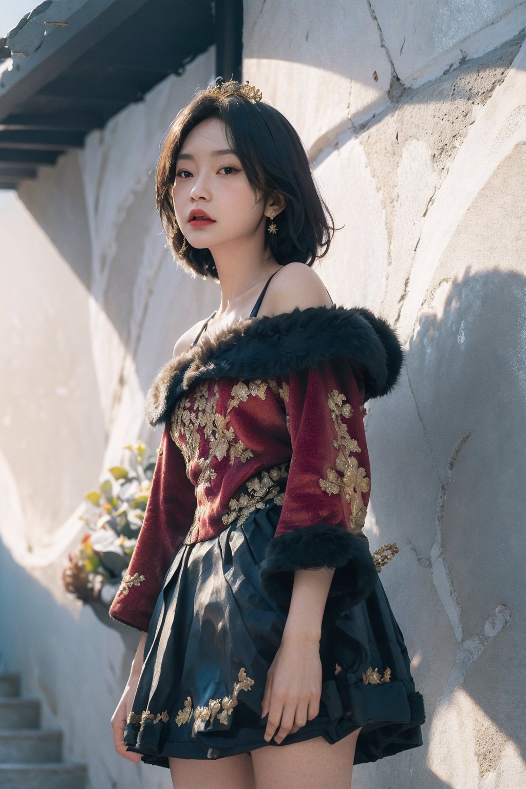 1girl, solo, short hair, black hair, dark brown eyes with eyeliner, full mouth, in a tokyo street photography, skirt, black_skirt, miniskirt, pleated_skirt, shirt, dress, red_skirt, bare_shoulders, red_dress, spaghetti_strap, feather_boa, fur-trimmed_coat, fur-trimmed_jacket, fur_coat, fur_collar, fur_trim, fur, (golden crown, golden necklaces, golden earrings), JKT48Ouja, fr3y4