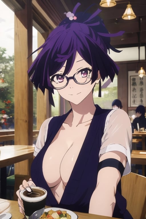 (masterpiece), ((best quality)), yuzuriha_(jigokuraku), (extremely detailed), purple hair, brown eyes, cleavage, big breasts, bun, ninja, fancy clothes, long yellow sleeves, white shirt, glasses black sun, bright eyes, drinking coffee in a restaurant, shadows