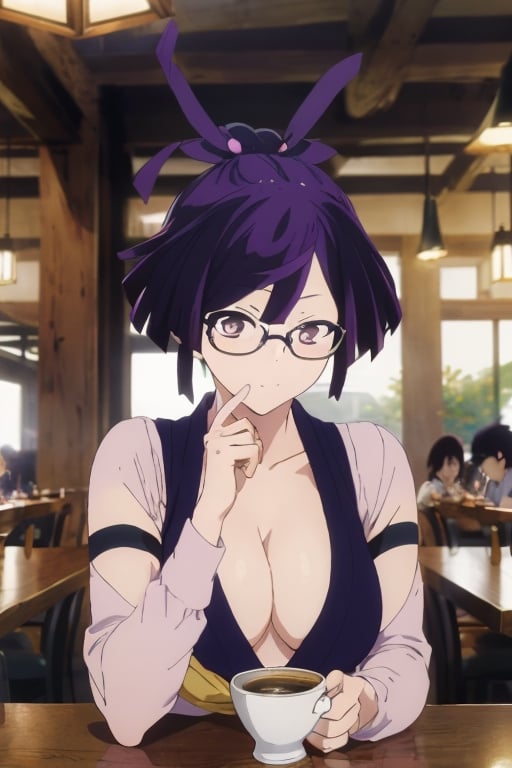 (masterpiece), ((best quality)), yuzuriha_(jigokuraku), (extremely detailed), purple hair, brown eyes, cleavage, big breasts, bun, ninja, fancy clothes, long yellow sleeves, white shirt, glasses black sun, bright eyes, drinking coffee in a restaurant, shadows