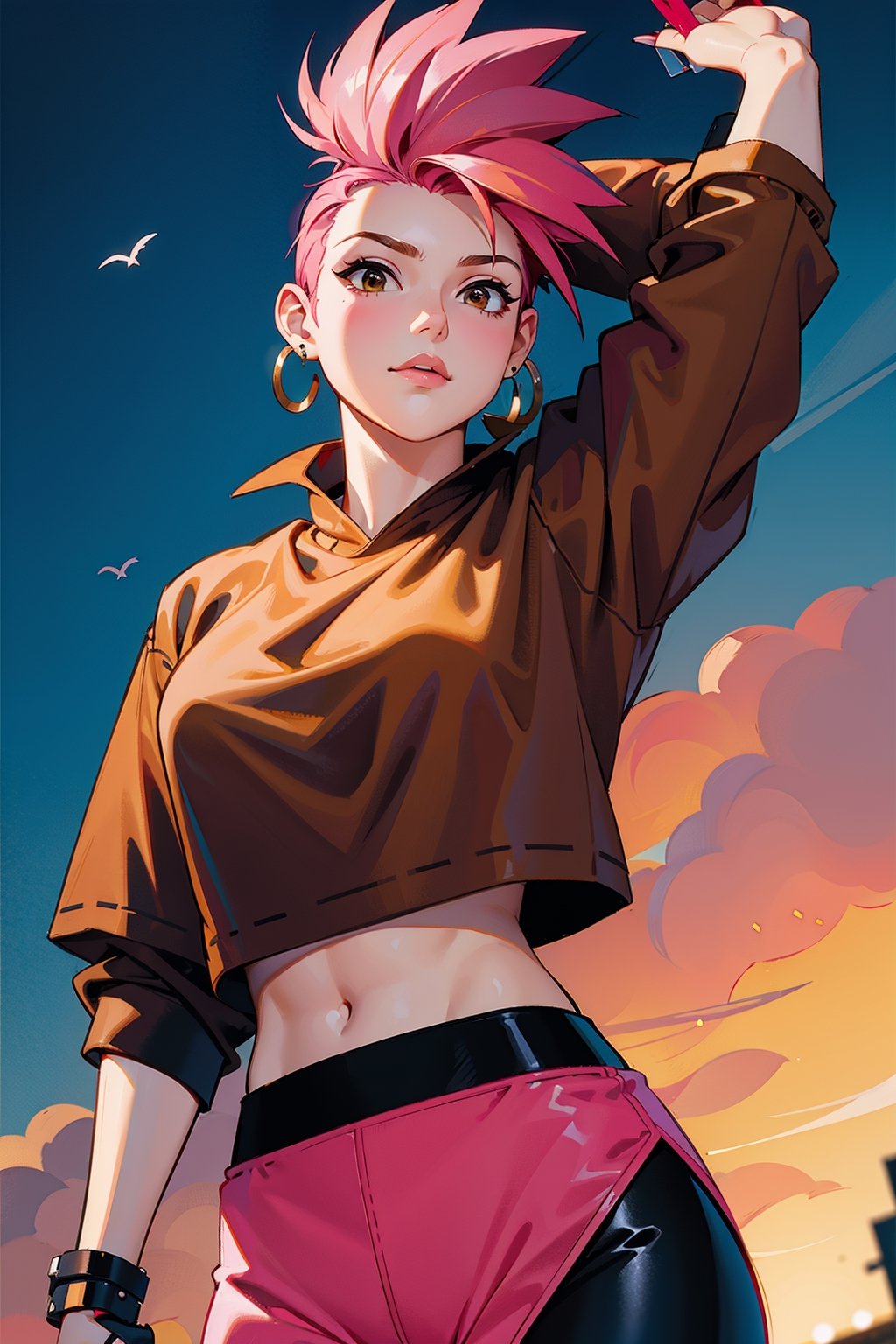 1girl,  pink hair,  brown shirt,  {{spiked hair,  feather_earrings}},  brown pants,  spiky hair,  {yoga pants},  shirt,  best quality,  fit,  brown cape,  plastic skin,  real clothes texture