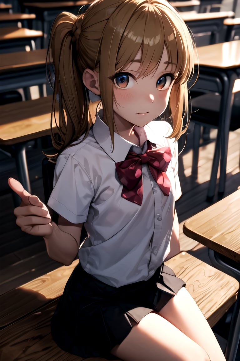 nijikaijichi, , nijika ijichi, ahoge, blonde hair, (brown eyes:1.5), long hair, one side up, (flat chest:1.2), BREAK black skirt, bow, bowtie, collared shirt, pleated skirt, polka dot, polka dot bow, red bow, red bowtie, red footwear, shirt, shoes, short sleeves, skirt, socks, white shirt, white socks, BREAK looking at viewer, BREAK indoors, classroom, BREAK , (masterpiece:1.2), best quality, high resolution, unity 8k wallpaper, (illustration:0.8), (beautiful detailed eyes:1.6), extremely detailed face, perfect lighting, extremely detailed CG, (perfect hands, perfect anatomy)