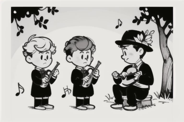 chibi, style parody, ((masterpiece,best quality)), greyscale, monochrome, instrument, tree, multiple_boys, 3boys, pigs, musical_note, hat, music, trumpet,