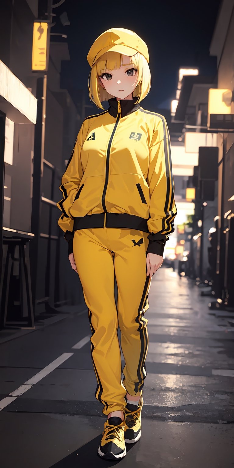 1girl,  blonde_hair, yellow headwear,  bob cut,  black eyes,  evil,  tracksuit,  jacket,  yellow clothes,  track pants,  solo,  nature,  night, (masterpiece), wallpaper,