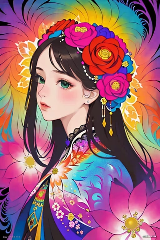 1girl,(masterpiece, top quality, best quality, official art, beautiful and aesthetic:1.2), (1girl), extreme detailed,flowers,(fractal art:1.3),colorful,highest detailed, close up face with flowers in background