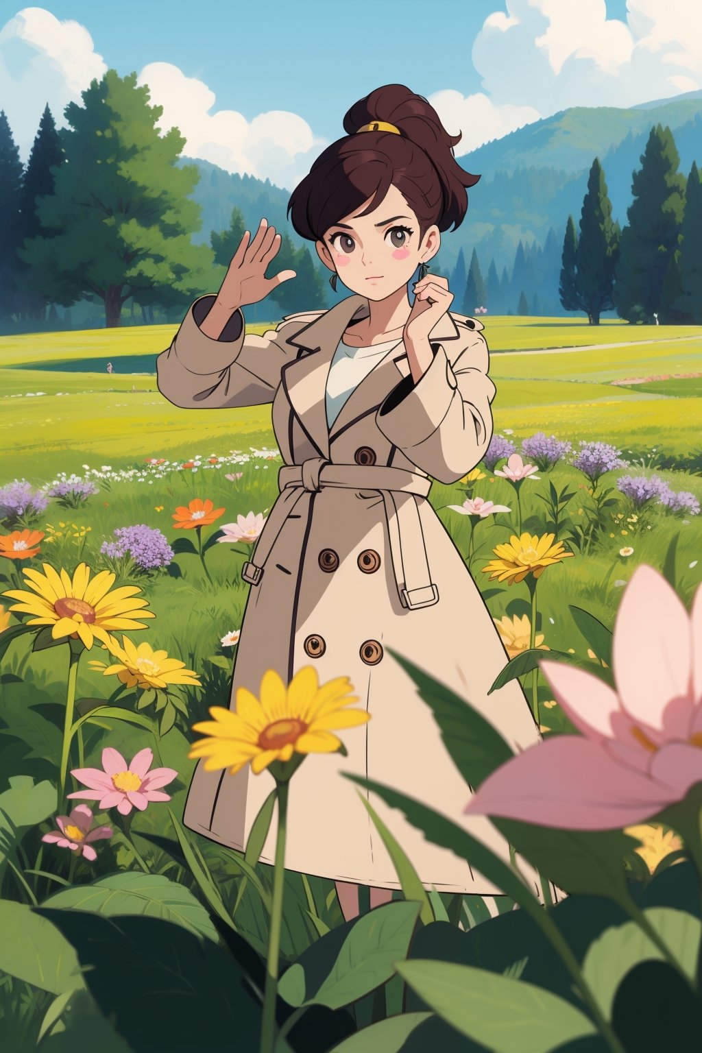 ((sticker design)),  lady, bubble ponytail, Coat , (masterpiece, best quality:1.6), , summer, Field of flowers, jojo pose, Dramatic