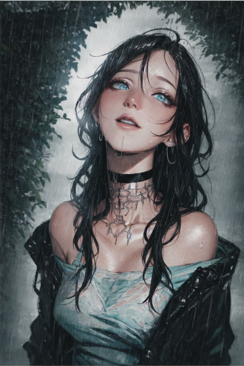 straight neck, black choker, rain