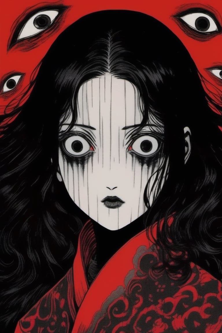 Huge and terrifying,perspective,JunjiIto,JunjiIto_qz, 1girl, solo, black hair, mole under mouth, looking at viewer, mole, red background, portrait, hair over one eye, wide-eyed, monochrome, traditional media, one eye covered, 