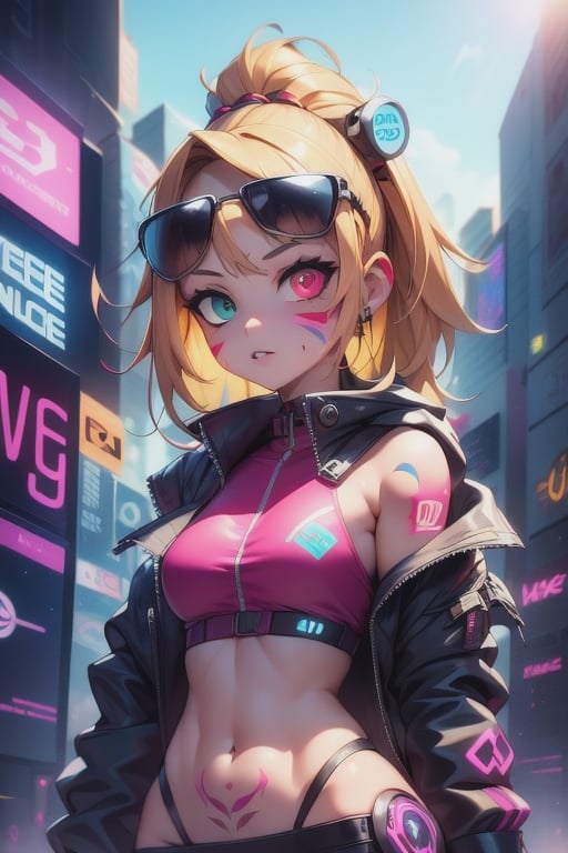 1girl, cyberpunk,face_paint, blonde, Sunglasses on head, red frame sunglasses, leather vest, punk, heterochromia, pin_badge, neon_lights, city, medium_breasts, topless, tattoos, transparent_clothes,robot, 
