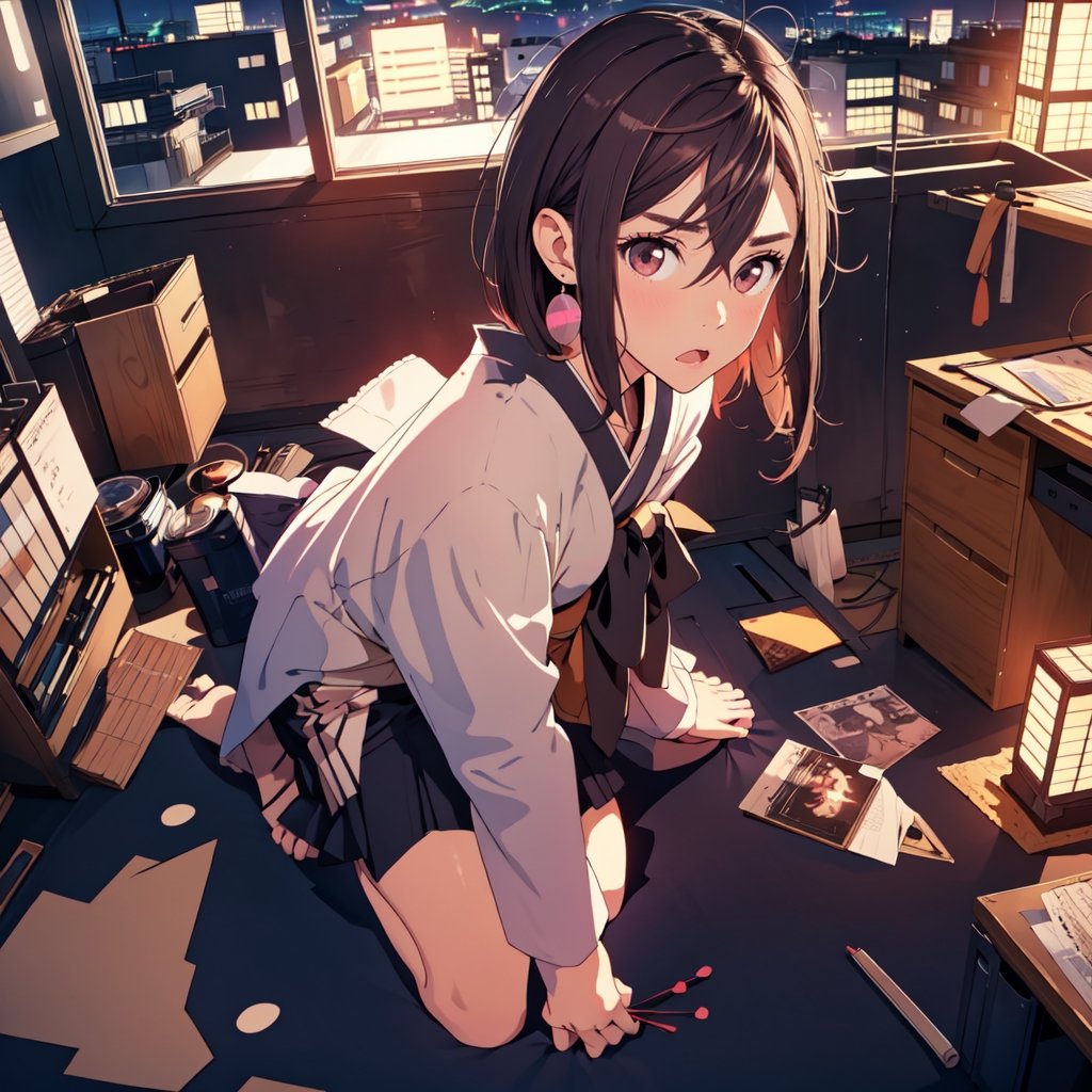 masterpiece, top quality, 1 girl, kneeling, surprised, peeking at me, japanese office worker, right arm outstretched in front, shaggy hair, high definition, japanese, night cityscape, sexy, backlit, artistic composition,momo_ayase