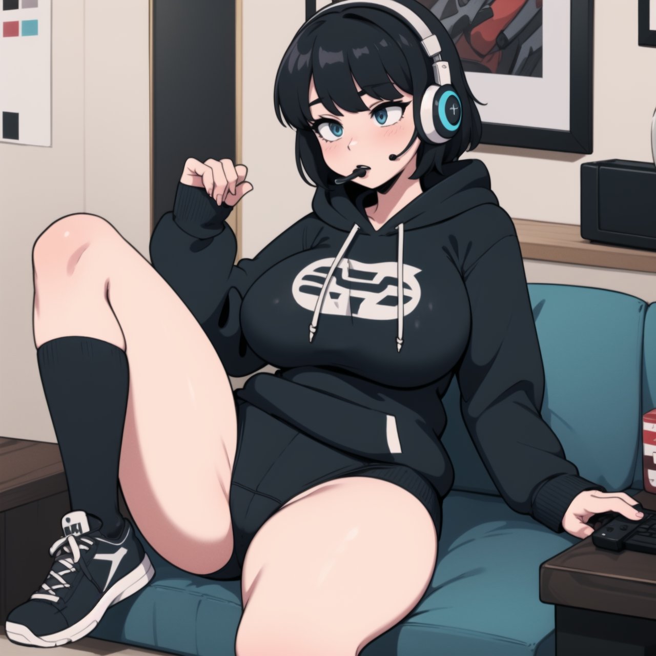 hot, tall, goth, large breasts, gaming headset, hoodie, black hair, sitting cross legged
 ,goth girl