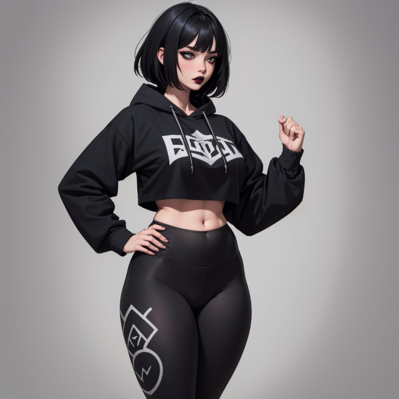 hot, tall, goth, large breasts, black hoodie, black hair, cute
 ,goth girl, black makeup, yoga leggings black, crop top