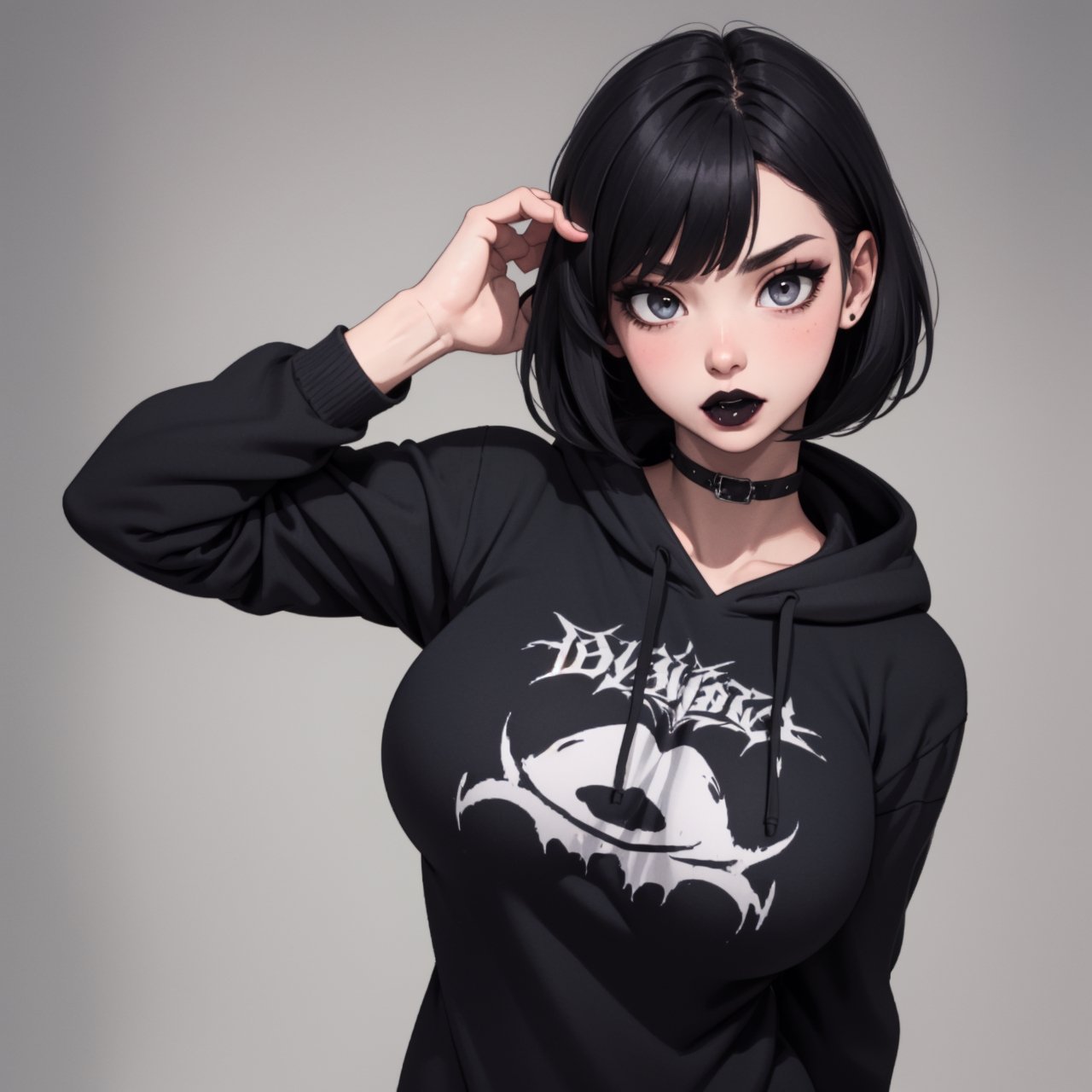 hot, tall, goth, large breasts, black hoodie, black hair, cute_fang
 ,goth girl, black makeup