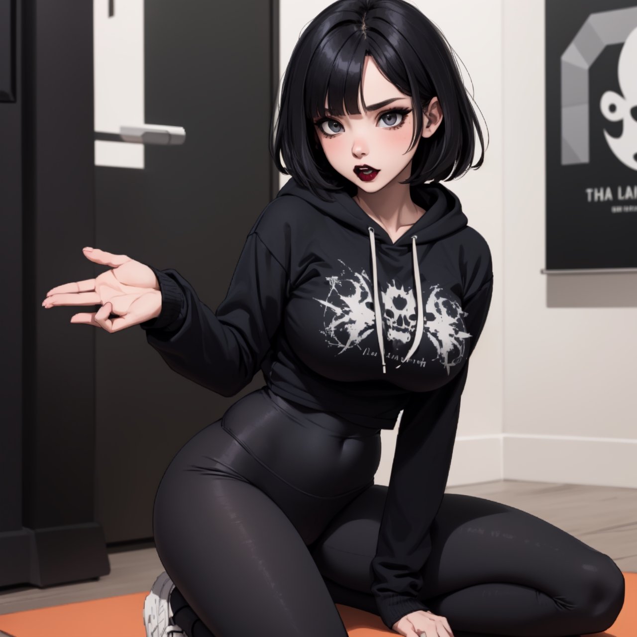 hot, tall, goth, large breasts, black hoodie, black hair, cute_fang
 ,goth girl, black makeup, yoga leggings black